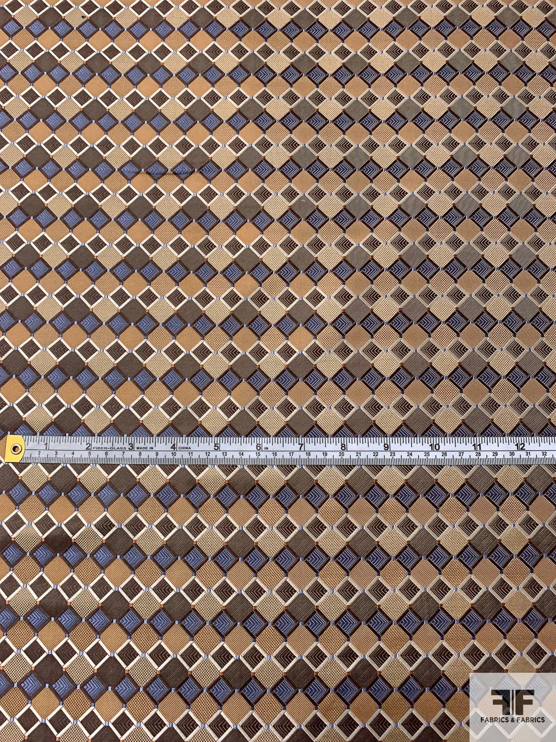 Art Deco Geometric Silk Necktie Jacquard Brocade - Camel / Brown / Tan / Slate Blue 7 Art Deco Geometric Silk Necktie Jacquard Brocade - Camel / Brown / Tan / Slate Blue - Image 5