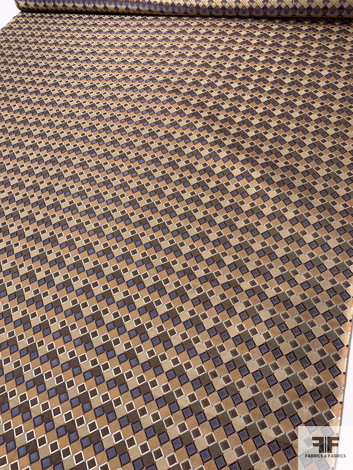 Art Deco Geometric Silk Necktie Jacquard Brocade - Camel / Brown / Tan / Slate Blue 8 Art Deco Geometric Silk Necktie Jacquard Brocade - Camel / Brown / Tan / Slate Blue - Image 6