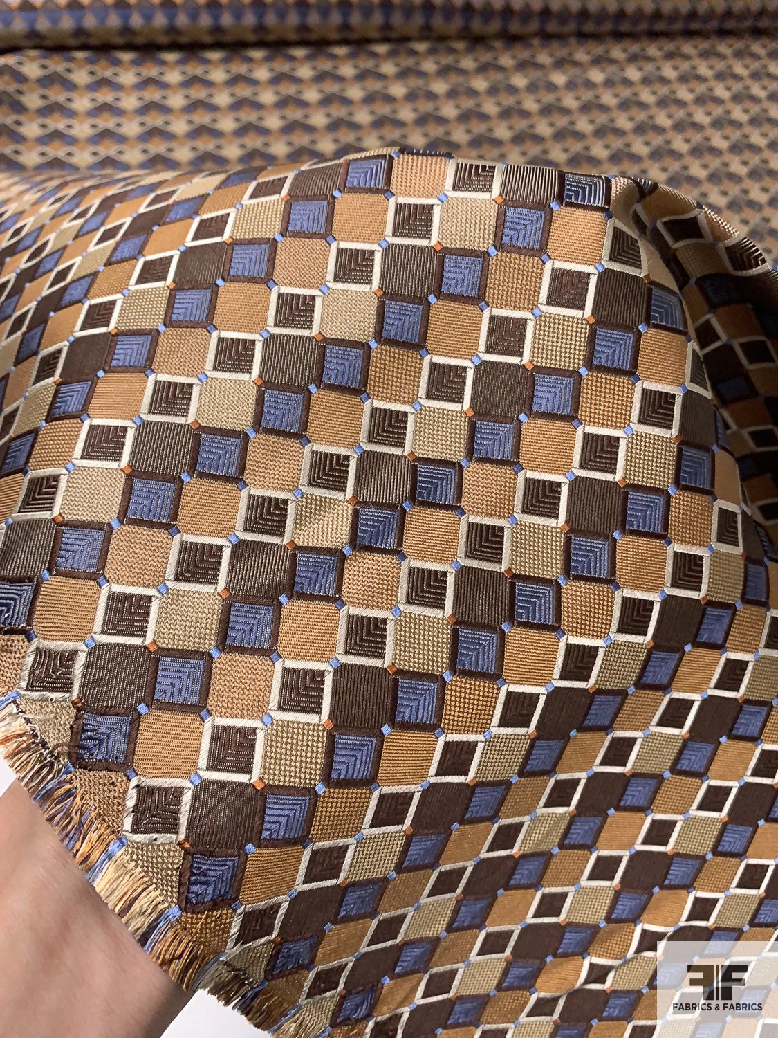 Art Deco Geometric Silk Necktie Jacquard Brocade - Camel / Brown / Tan / Slate Blue 9 Art Deco Geometric Silk Necktie Jacquard Brocade - Camel / Brown / Tan / Slate Blue - Image 7