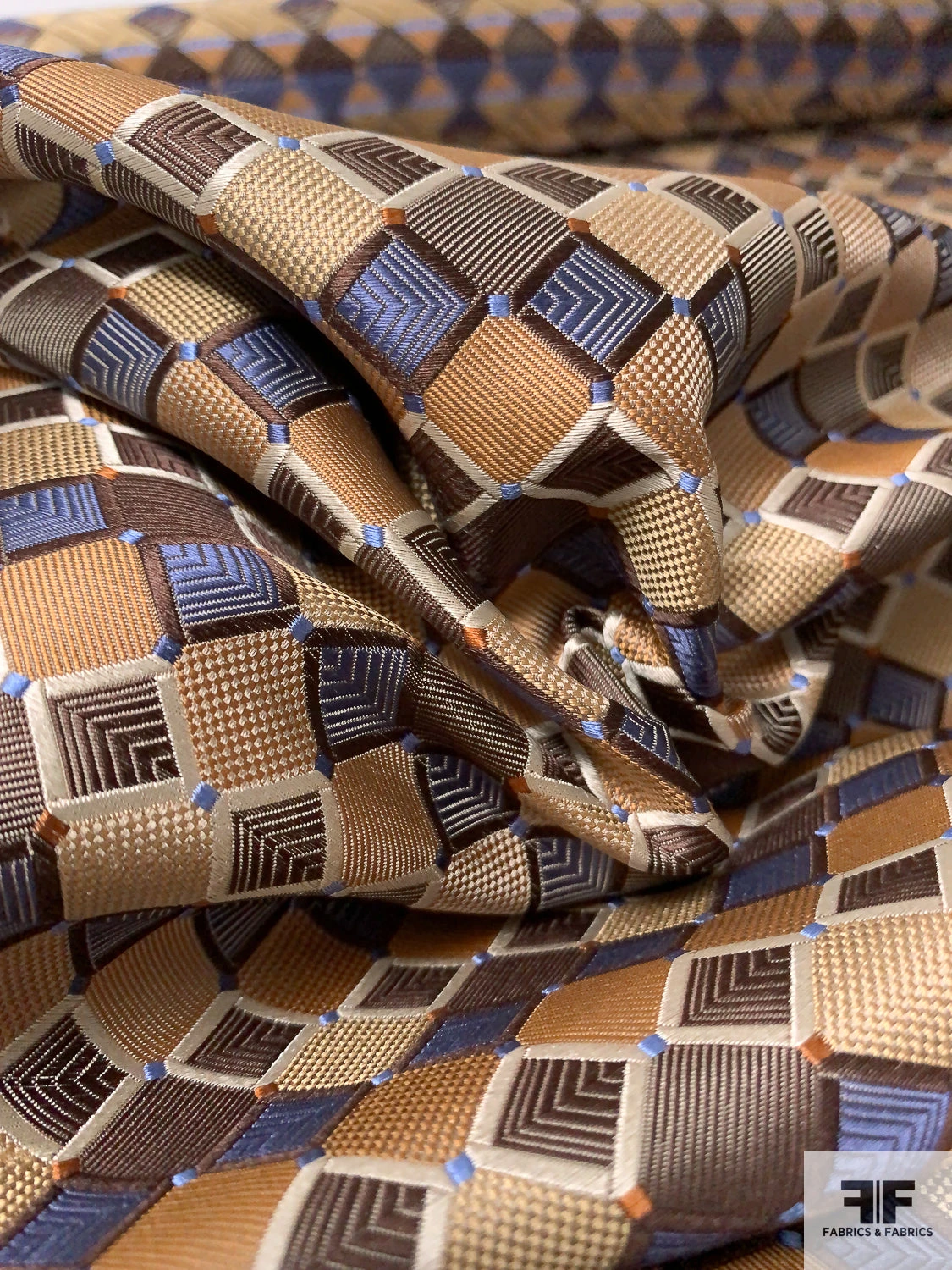 Art Deco Geometric Silk Necktie Jacquard Brocade - Camel / Brown / Tan / Slate Blue 10 Art Deco Geometric Silk Necktie Jacquard Brocade - Camel / Brown / Tan / Slate Blue - Image 8
