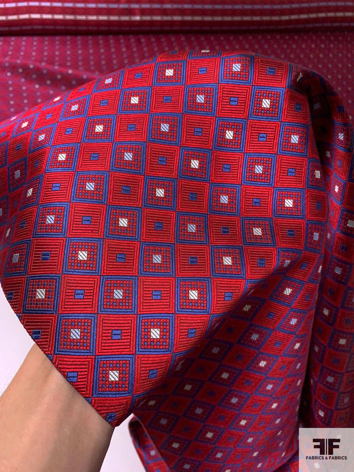 Geometric Silk Necktie Jacquard Brocade - Red / Blue / Grey / Off-White 4 Geometric Silk Necktie Jacquard Brocade - Red / Blue / Grey / Off-White - Image 2