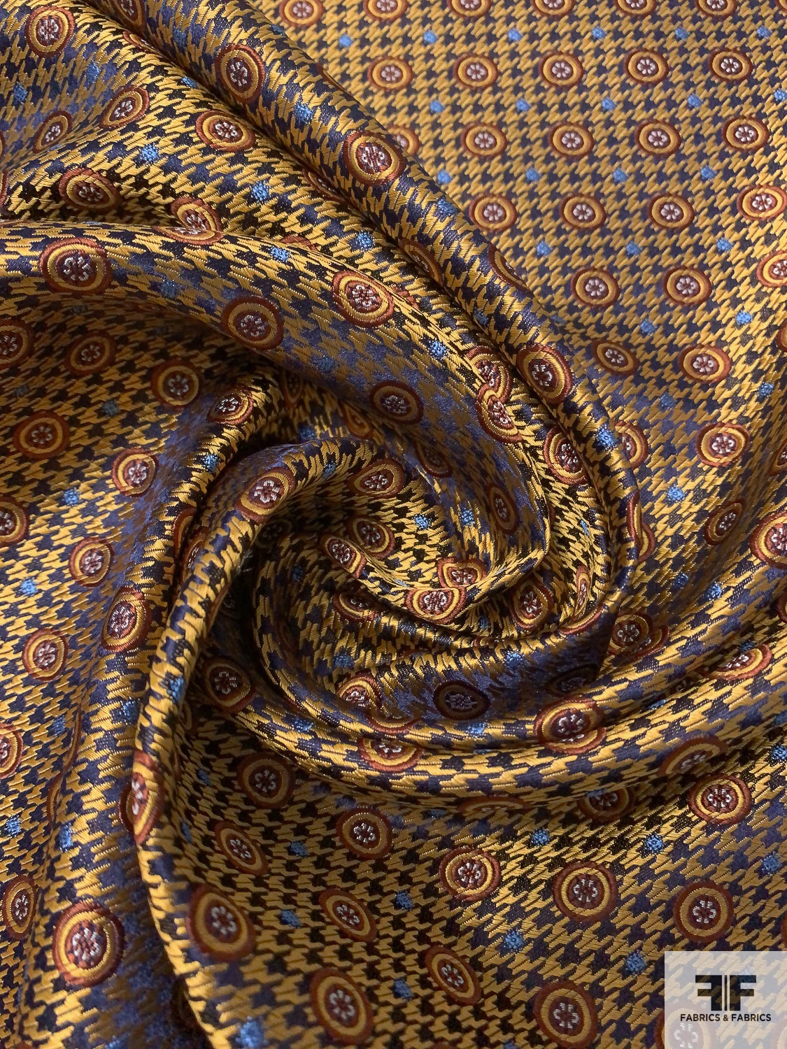 Houndstooth And Circles Silk Necktie Jacquard Brocade - Golden Copper / Copper / Navy / Blue 5 Houndstooth And Circles Silk Necktie Jacquard Brocade - Golden Copper / Copper / Navy / Blue - Image 3