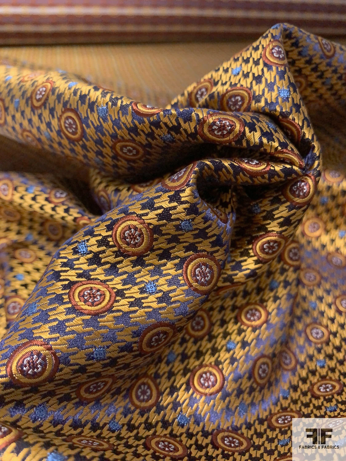 Houndstooth And Circles Silk Necktie Jacquard Brocade - Golden Copper / Copper / Navy / Blue 10 Houndstooth And Circles Silk Necktie Jacquard Brocade - Golden Copper / Copper / Navy / Blue - Image 8