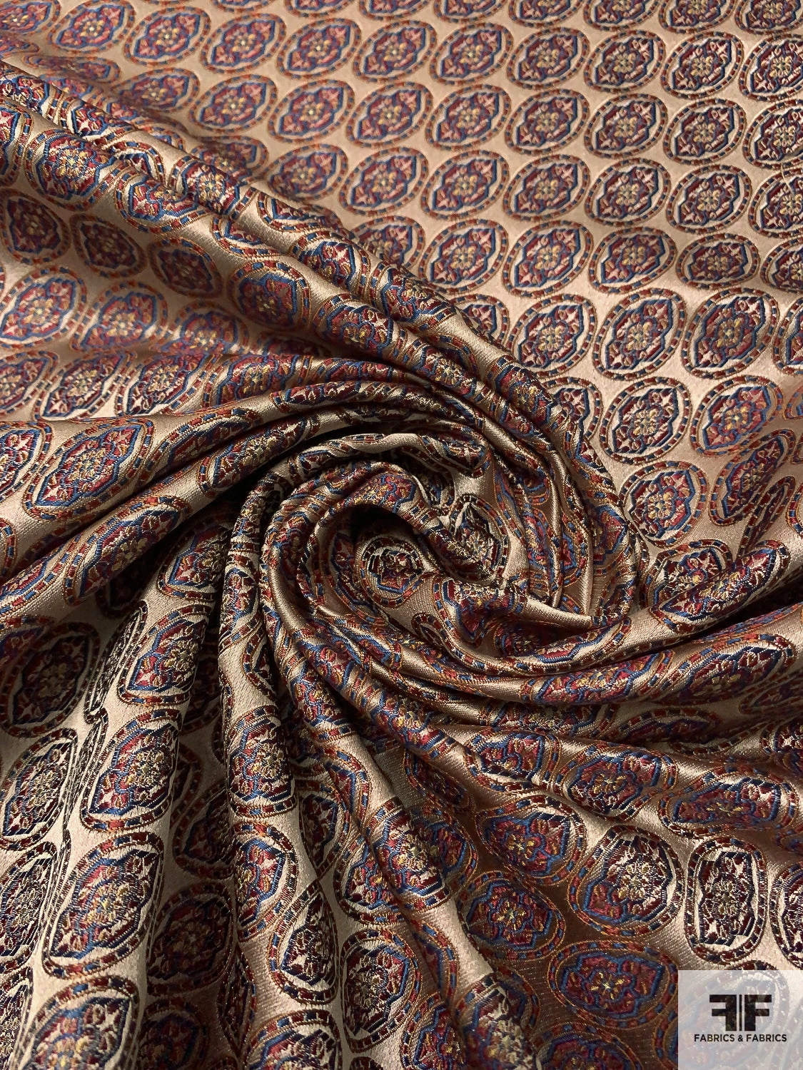 Florals In Oval Silk Necktie Jacquard Brocade - Tan / Brick / Blue 3 Florals In Oval Silk Necktie Jacquard Brocade - Tan / Brick / Blue