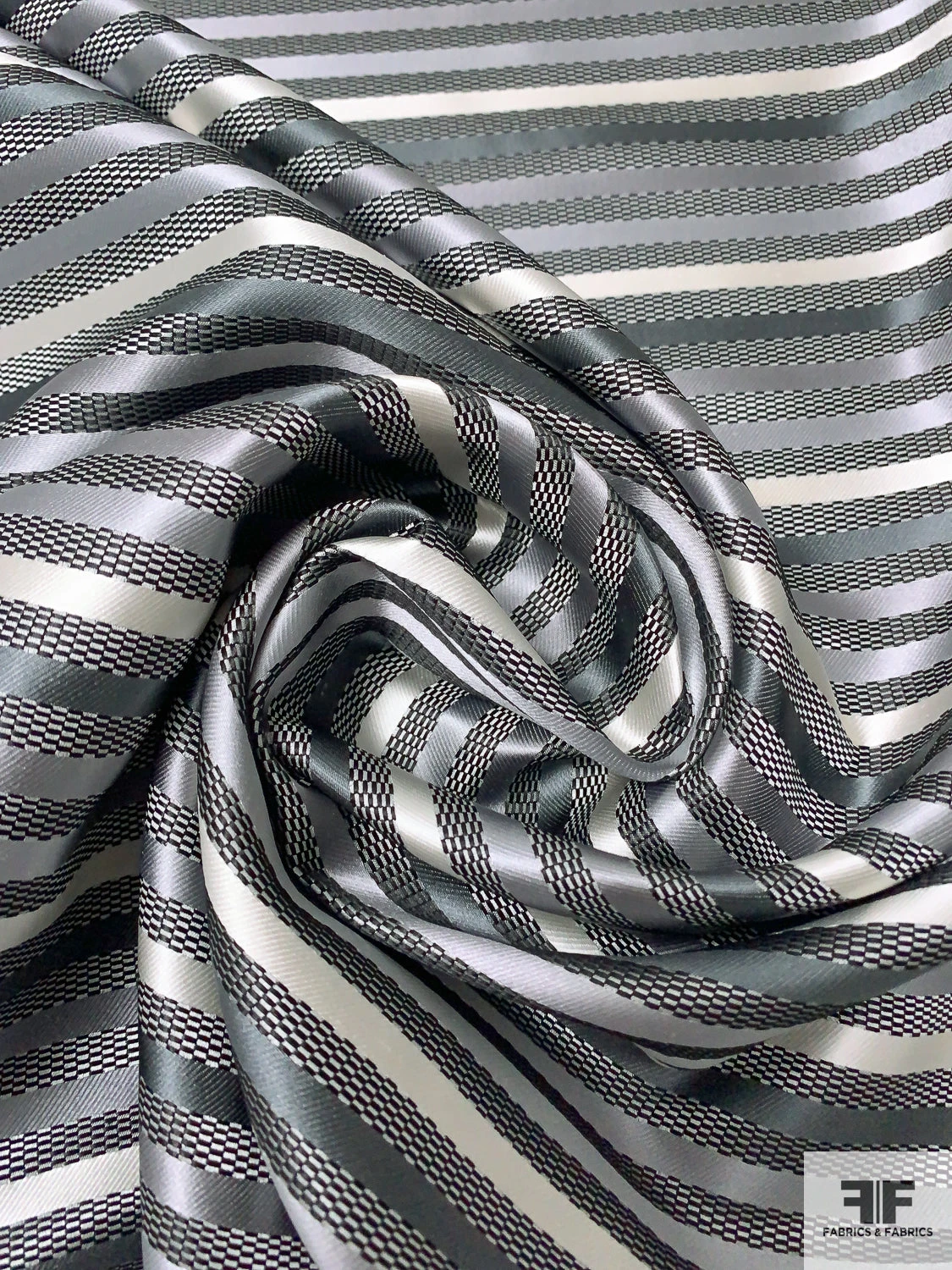 Horizontal Striped Silk Necktie Jacquard Brocade - Greys / Black / White 5 Horizontal Striped Silk Necktie Jacquard Brocade - Greys / Black / White - Image 3