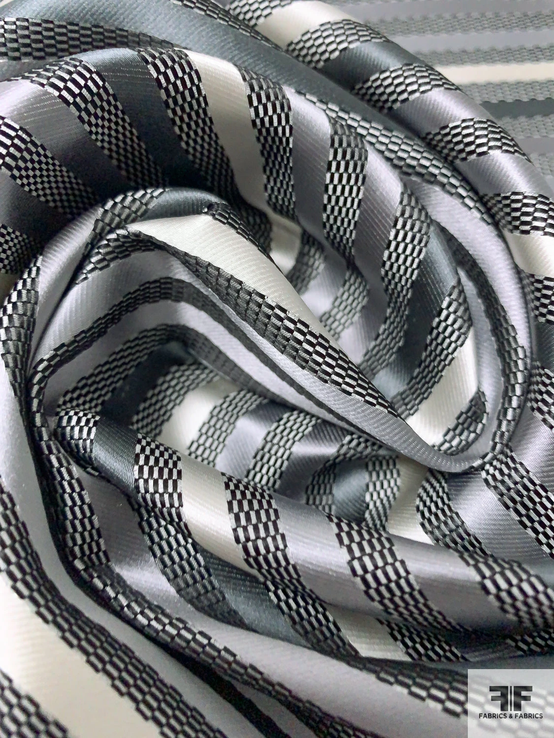 Horizontal Striped Silk Necktie Jacquard Brocade - Greys / Black / White 4 Horizontal Striped Silk Necktie Jacquard Brocade - Greys / Black / White - Image 2