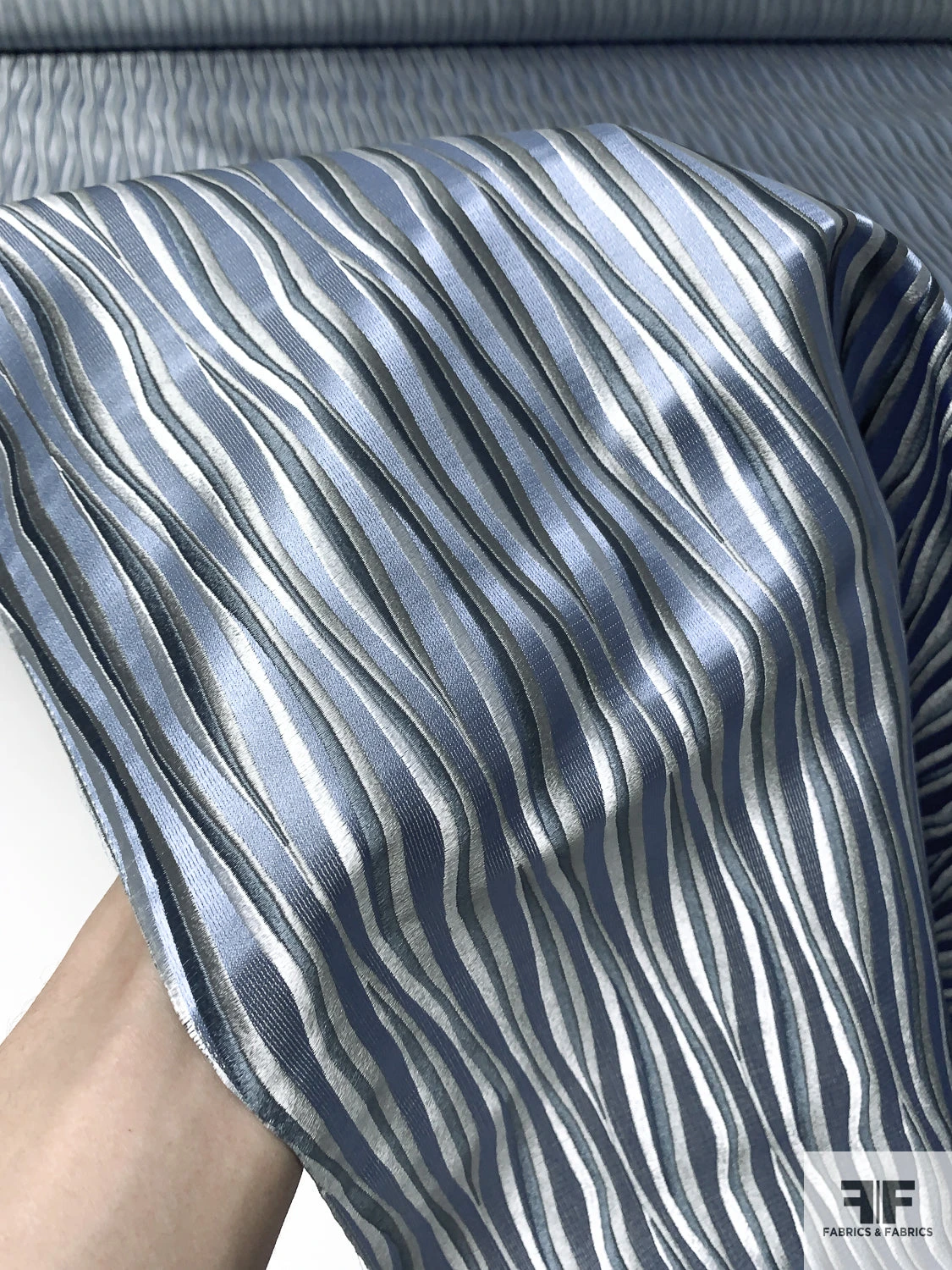 Wavy Striations Silk Necktie Jacquard Brocade - Dusty Blue / White / Grey 4 Wavy Striations Silk Necktie Jacquard Brocade - Dusty Blue / White / Grey - Image 2
