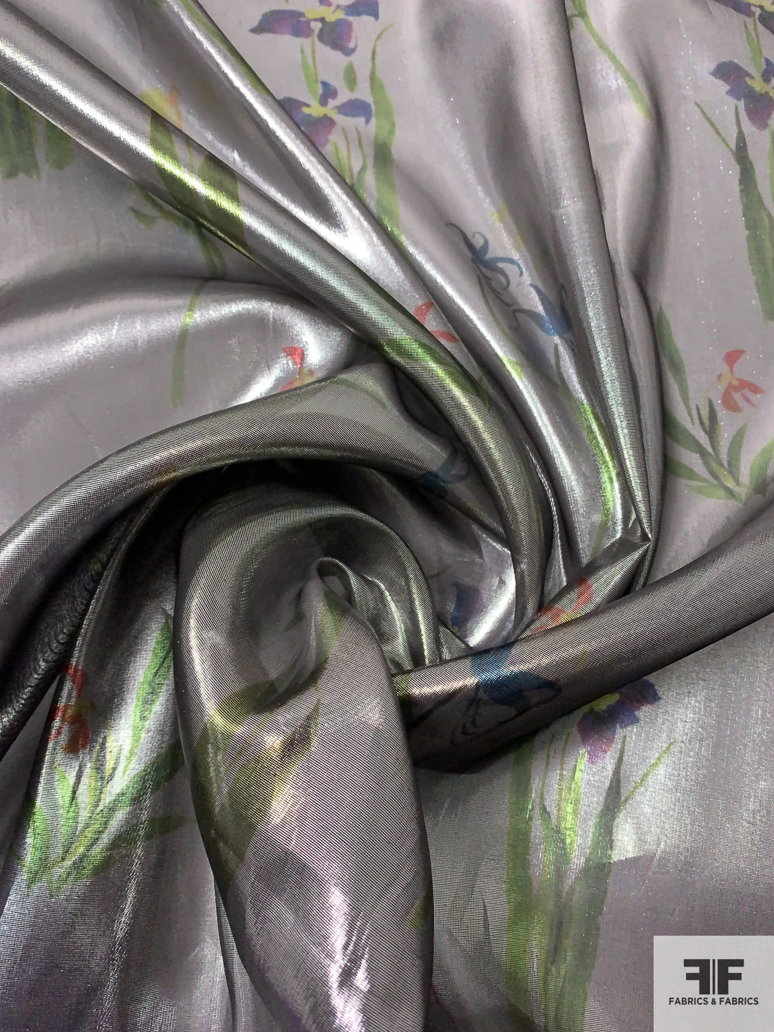 Floral Garden Printed Tissue Lamé - Metallic Grey / Green / Purple / Blue 4 Floral Garden Printed Tissue Lamé - Metallic Grey / Green / Purple / Blue - Image 2