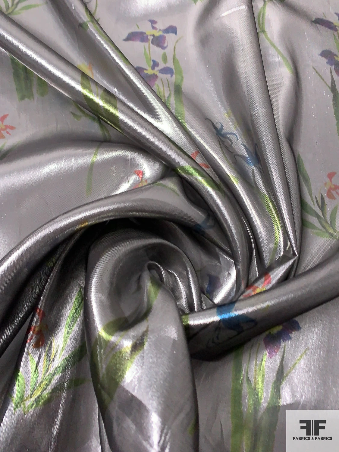 Floral Garden Printed Tissue Lamé - Metallic Grey / Green / Purple / Blue 5 Floral Garden Printed Tissue Lamé - Metallic Grey / Green / Purple / Blue - Image 3