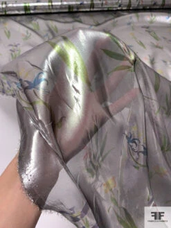 Floral Garden Printed Tissue Lamé - Metallic Grey / Green / Purple / Blue
