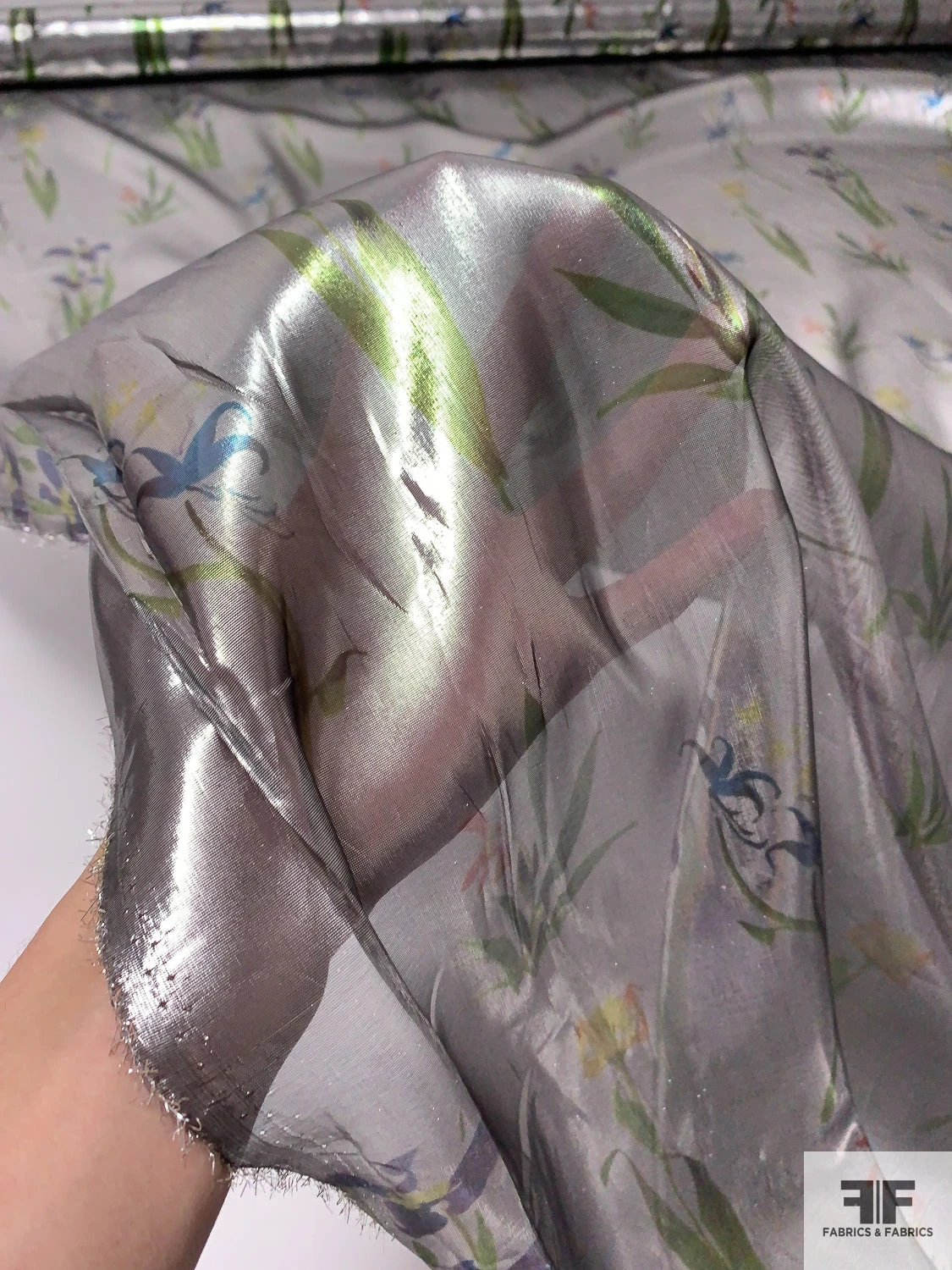Floral Garden Printed Tissue Lamé - Metallic Grey / Green / Purple / Blue 3 Floral Garden Printed Tissue Lamé - Metallic Grey / Green / Purple / Blue