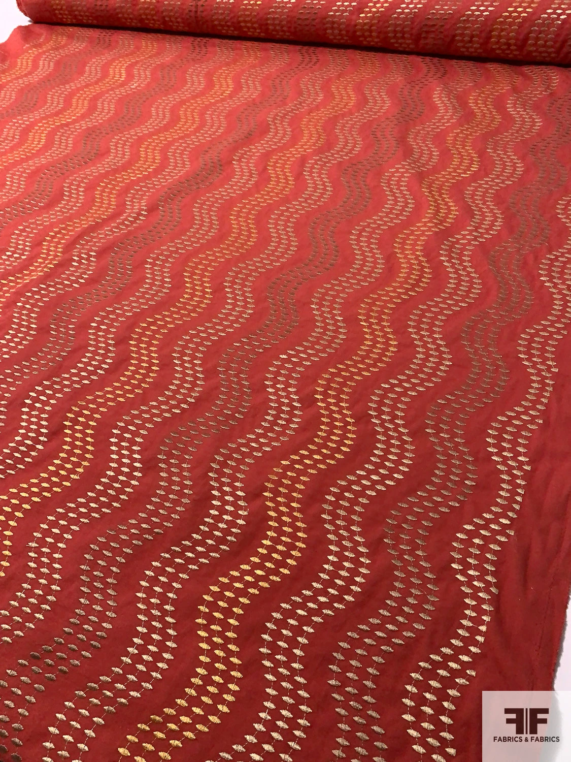 Wavy Striped Embroidered Cotton Canvas - Brick Red / Earth Tones 4 Wavy Striped Embroidered Cotton Canvas - Brick Red / Earth Tones - Image 2