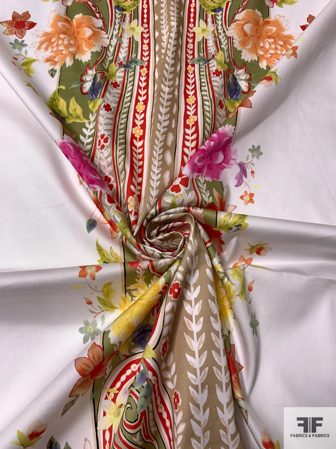 Triple Trailing Floral Vines Printed Stretch Cotton Sateen - Multicolor / White 5 Triple Trailing Floral Vines Printed Stretch Cotton Sateen - Multicolor / White - Image 3