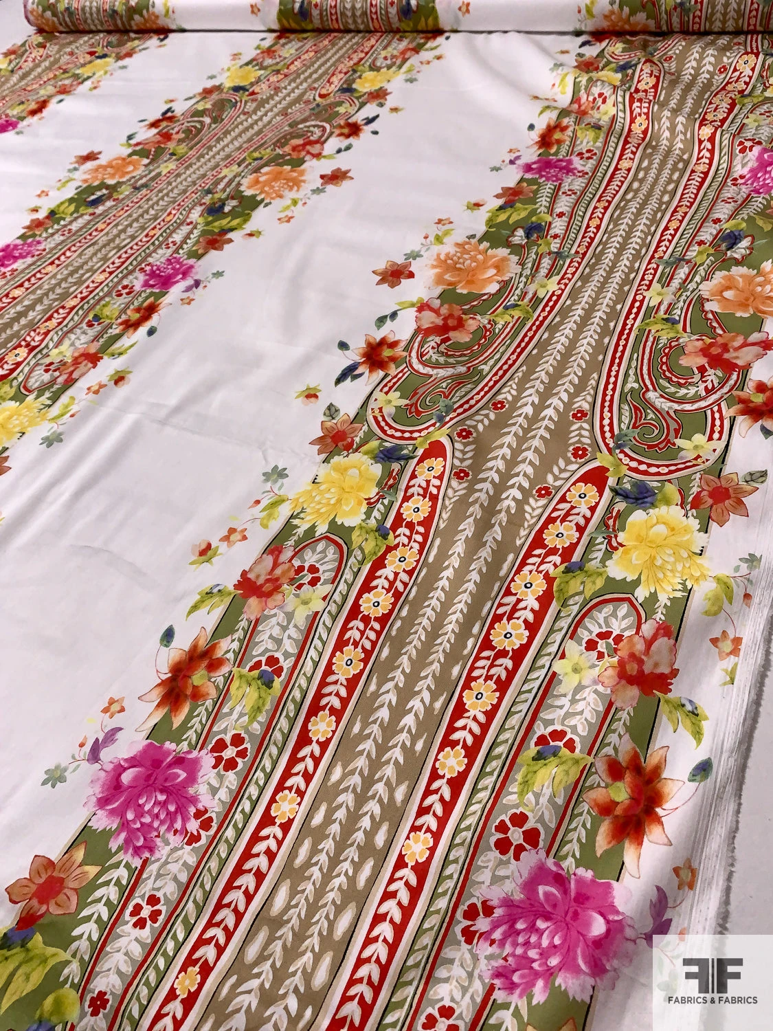 Triple Trailing Floral Vines Printed Stretch Cotton Sateen - Multicolor / White 3 Triple Trailing Floral Vines Printed Stretch Cotton Sateen - Multicolor / White