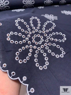 Lela Rose Double-Scalloped Floral Embroidered Eyelet Cotton Lawn - Navy / White