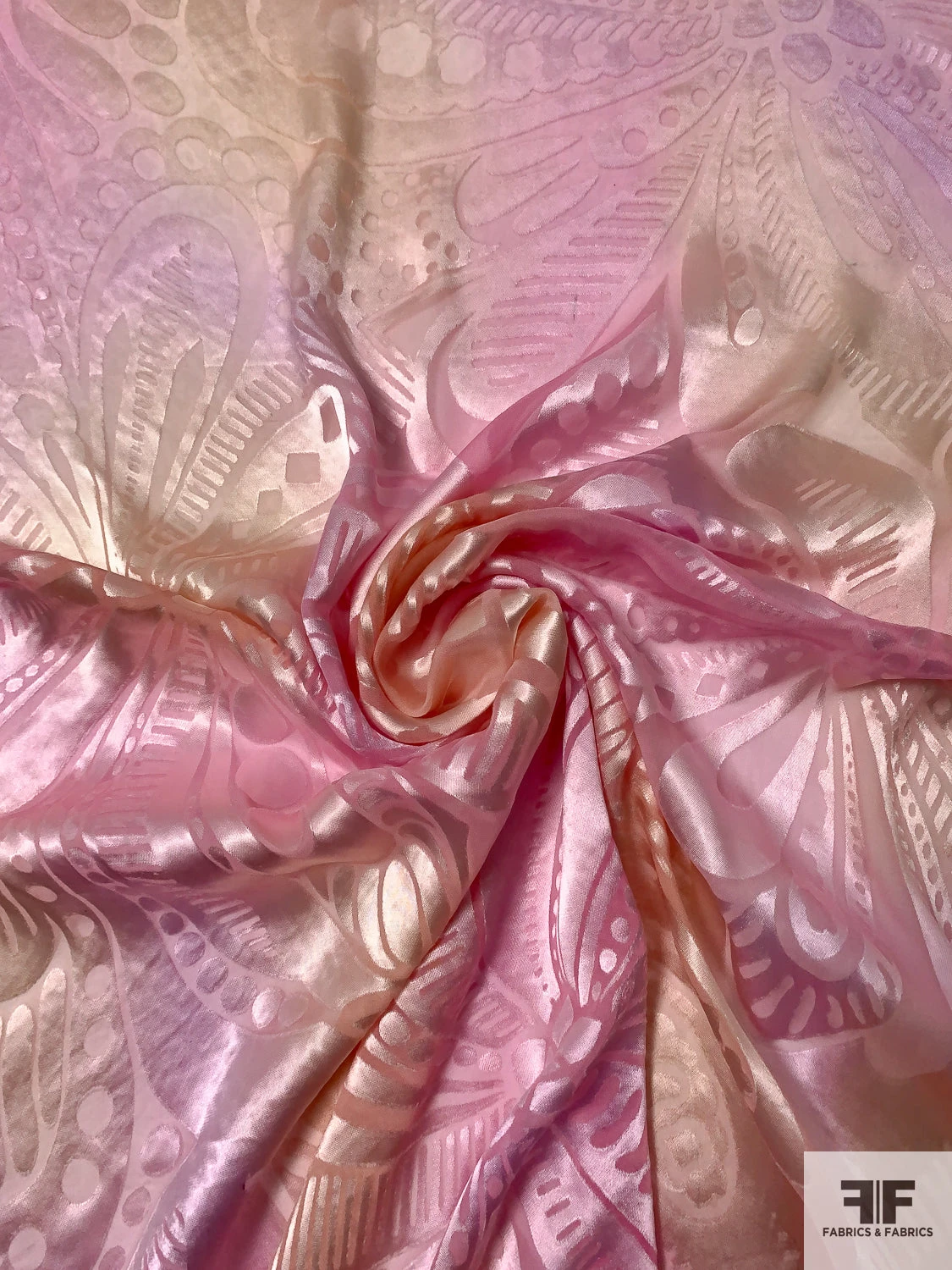 Large-Scale Floral Printed Satin Burnout Silk Chiffon - Pink / Champagne 4 Large-Scale Floral Printed Satin Burnout Silk Chiffon - Pink / Champagne - Image 2