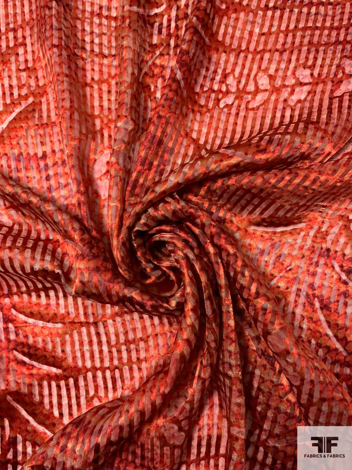 Fenced Leaves Printed Satin Burnout Silk Chiffon - Brick Reds / Grey 5 Fenced Leaves Printed Satin Burnout Silk Chiffon - Brick Reds / Grey - Image 3