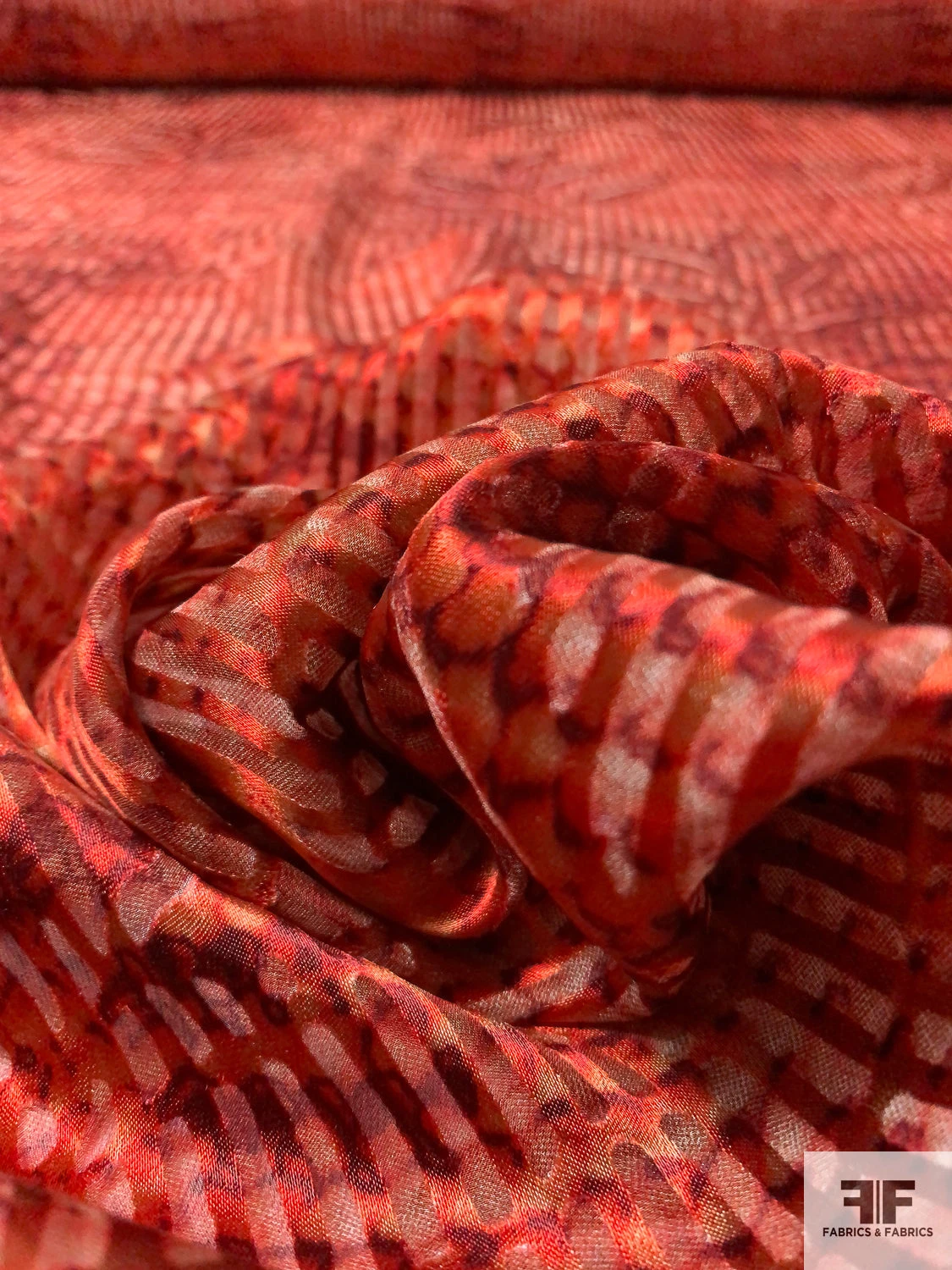 Fenced Leaves Printed Satin Burnout Silk Chiffon - Brick Reds / Grey 4 Fenced Leaves Printed Satin Burnout Silk Chiffon - Brick Reds / Grey - Image 2