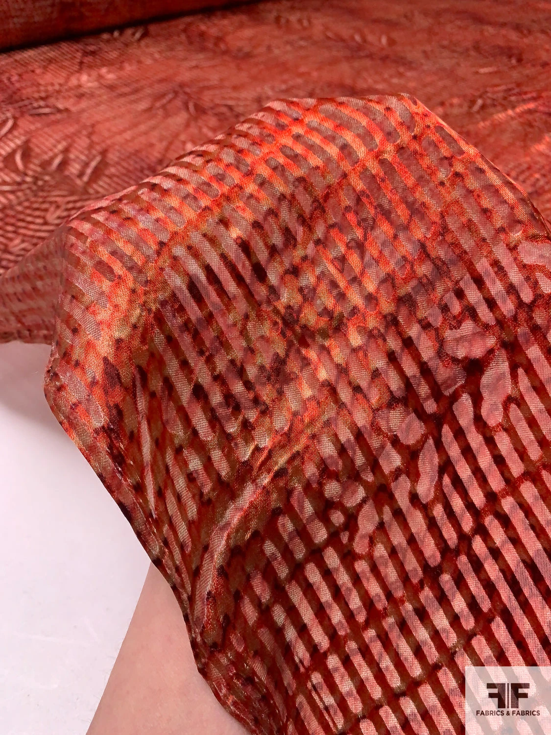 Fenced Leaves Printed Satin Burnout Silk Chiffon - Brick Reds / Grey 10 Fenced Leaves Printed Satin Burnout Silk Chiffon - Brick Reds / Grey - Image 8