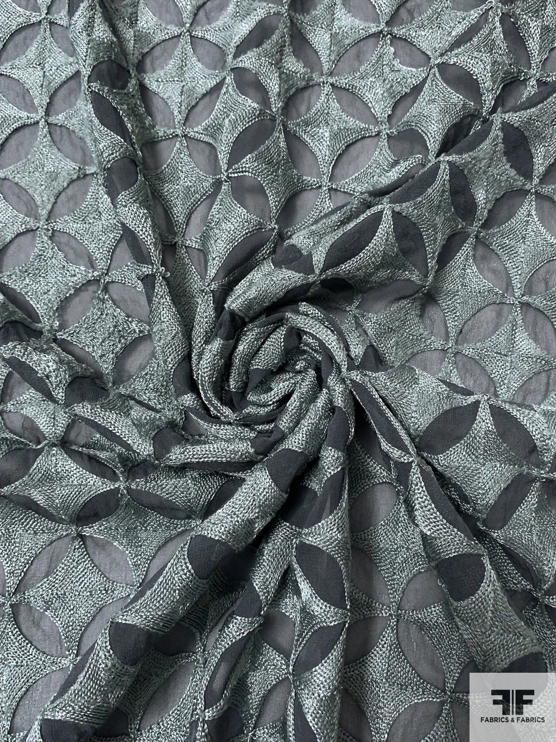 Circular Geometric Heavily Embroidered Silk Chiffon - Slate Grey / Grey 3 Circular Geometric Heavily Embroidered Silk Chiffon - Slate Grey / Grey