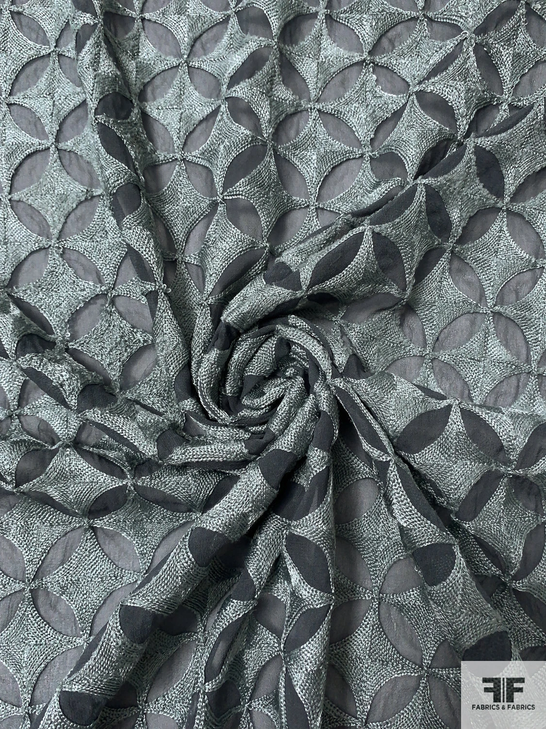 Circular Geometric Heavily Embroidered Silk Chiffon - Slate Grey / Grey 5 Circular Geometric Heavily Embroidered Silk Chiffon - Slate Grey / Grey - Image 3