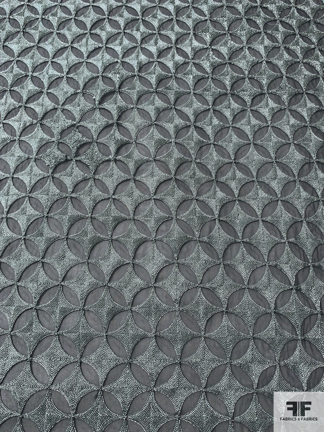 Circular Geometric Heavily Embroidered Silk Chiffon - Slate Grey / Grey 4 Circular Geometric Heavily Embroidered Silk Chiffon - Slate Grey / Grey - Image 2