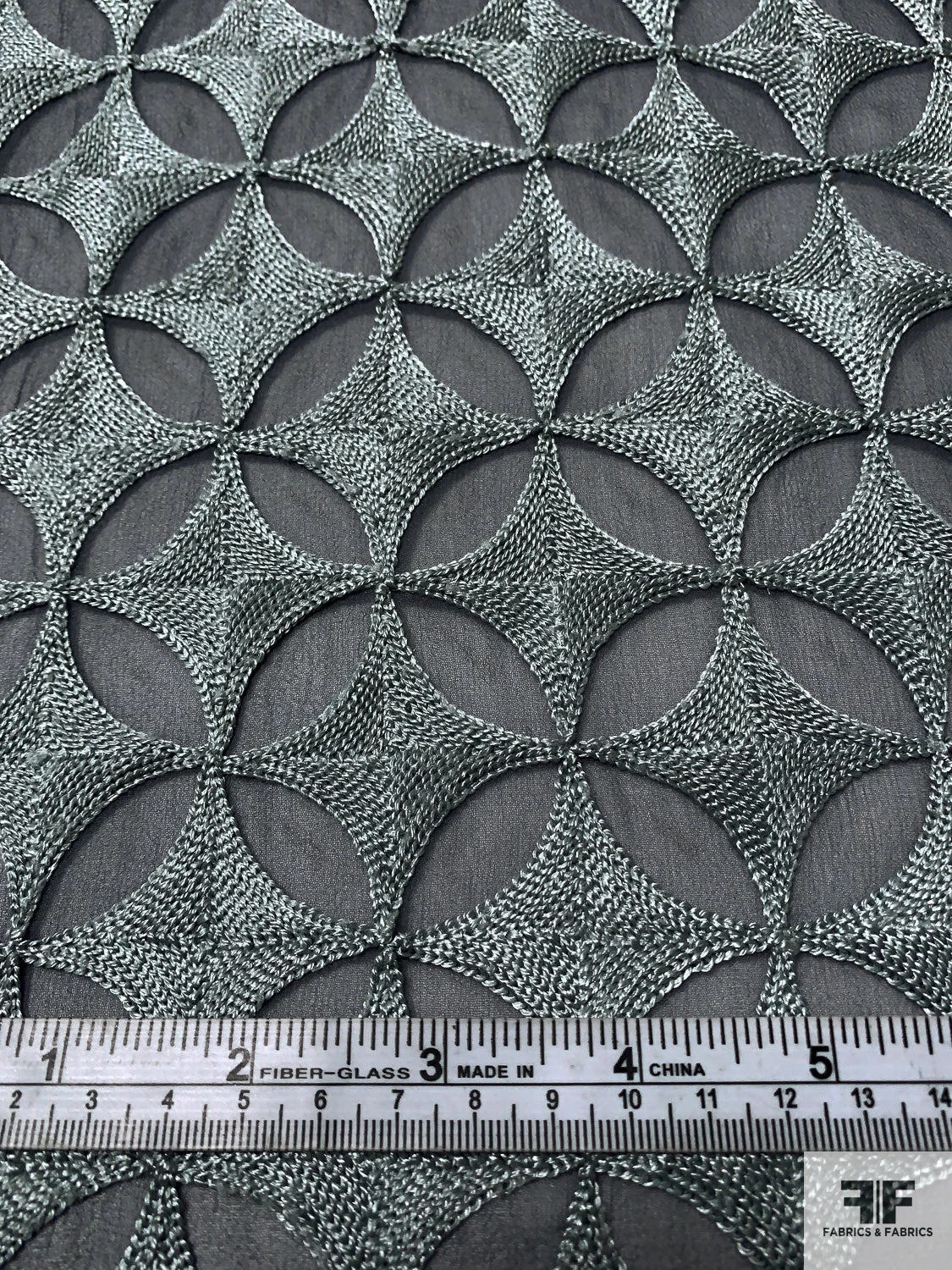 Circular Geometric Heavily Embroidered Silk Chiffon - Slate Grey / Grey 8 Circular Geometric Heavily Embroidered Silk Chiffon - Slate Grey / Grey - Image 6