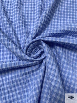 Lela Rose Gingham Check Yarn-Dyed Seersucker Stretch Cotton Shirting - Blue / White