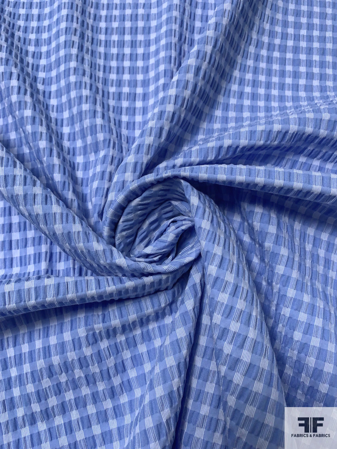 Lela Rose Gingham Check Yarn-Dyed Seersucker Stretch Cotton Shirting - Blue / White 5 Lela Rose Gingham Check Yarn-Dyed Seersucker Stretch Cotton Shirting - Blue / White - Image 3