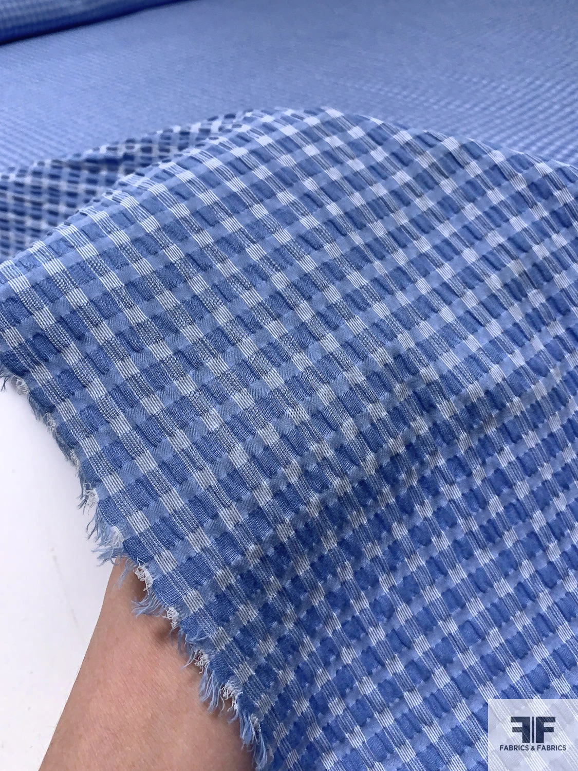 Lela Rose Gingham Check Yarn-Dyed Seersucker Stretch Cotton Shirting - Blue / White 10 Lela Rose Gingham Check Yarn-Dyed Seersucker Stretch Cotton Shirting - Blue / White - Image 8