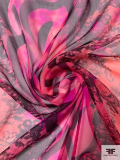 Bold Painterly Trailing Floral Printed Silk Chiffon - Orange / Hot Pink / Magenta / Black -Fabrics And Fabrics Store 16436 2