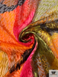 Ethnic-Inspired Large Circles And Striped Printed Satin Burnout Silk Chiffon - Marigold / Magenta / Olive