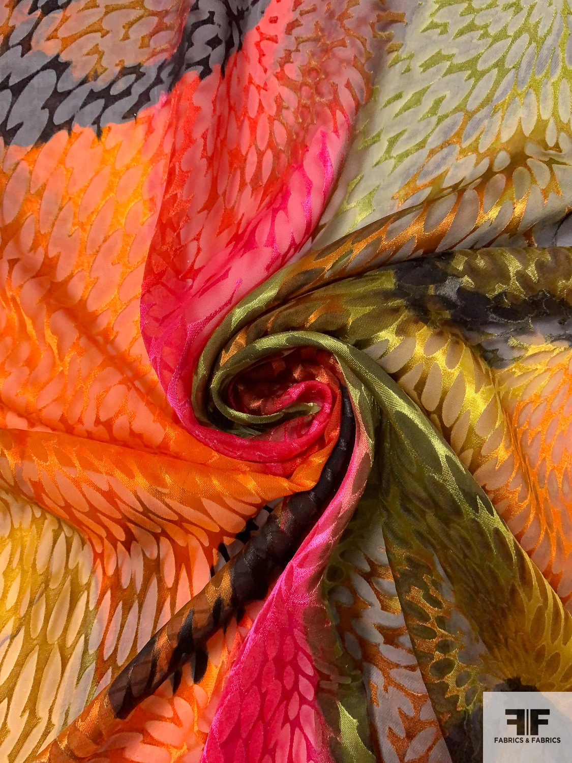 Ethnic-Inspired Large Circles And Striped Printed Satin Burnout Silk Chiffon - Marigold / Magenta / Olive 5 Ethnic-Inspired Large Circles And Striped Printed Satin Burnout Silk Chiffon - Marigold / Magenta / Olive - Image 3