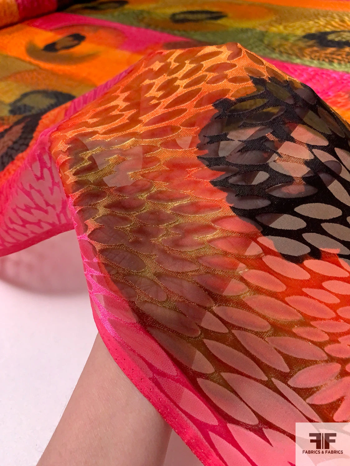 Ethnic-Inspired Large Circles And Striped Printed Satin Burnout Silk Chiffon - Marigold / Magenta / Olive 10 Ethnic-Inspired Large Circles And Striped Printed Satin Burnout Silk Chiffon - Marigold / Magenta / Olive - Image 8