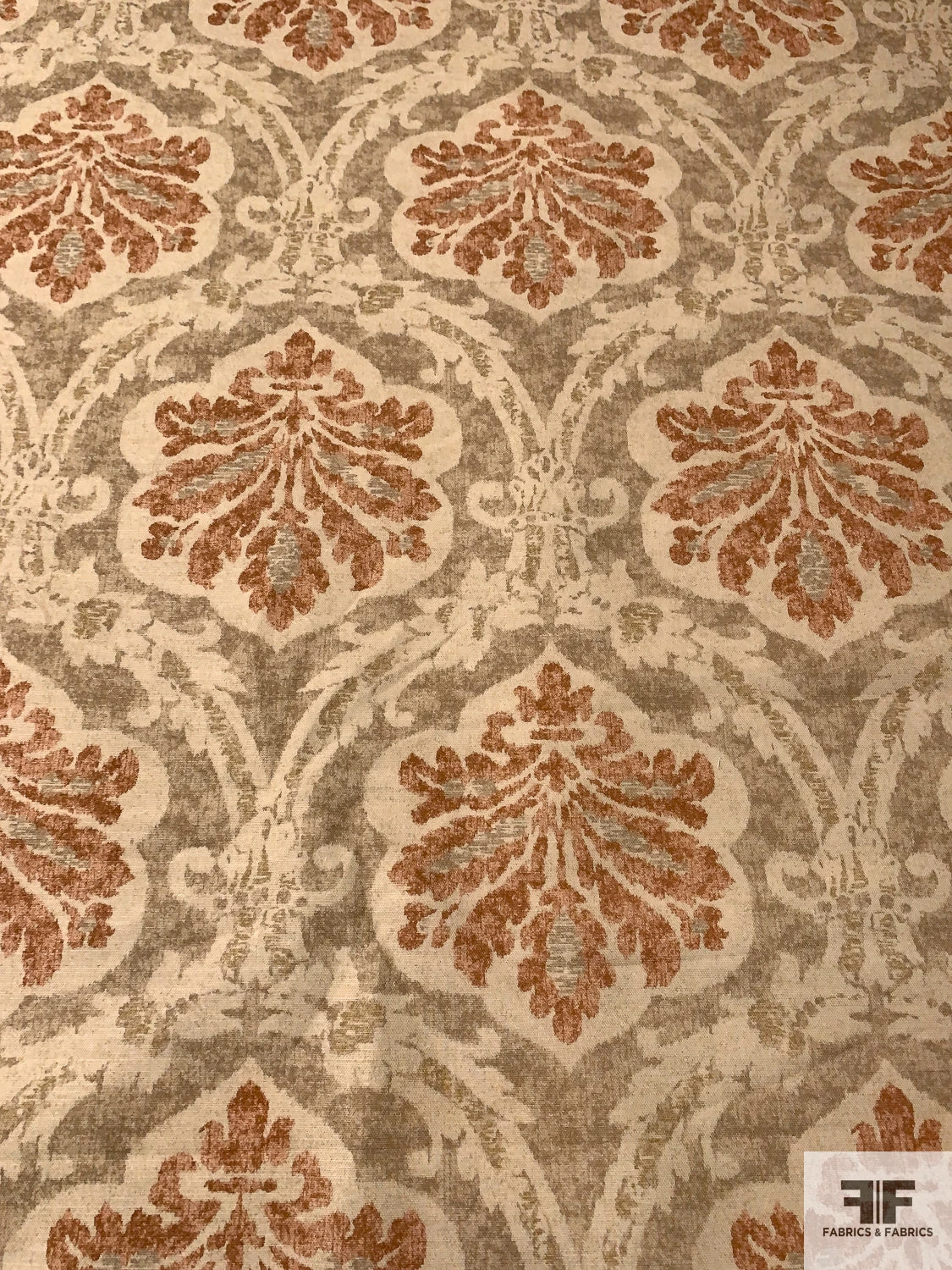 Antique-Look Damask Printed Linen-Weave Cotton - Earthy Tans / Rust / Coral 6 Antique-Look Damask Printed Linen-Weave Cotton - Earthy Tans / Rust / Coral - Image 4