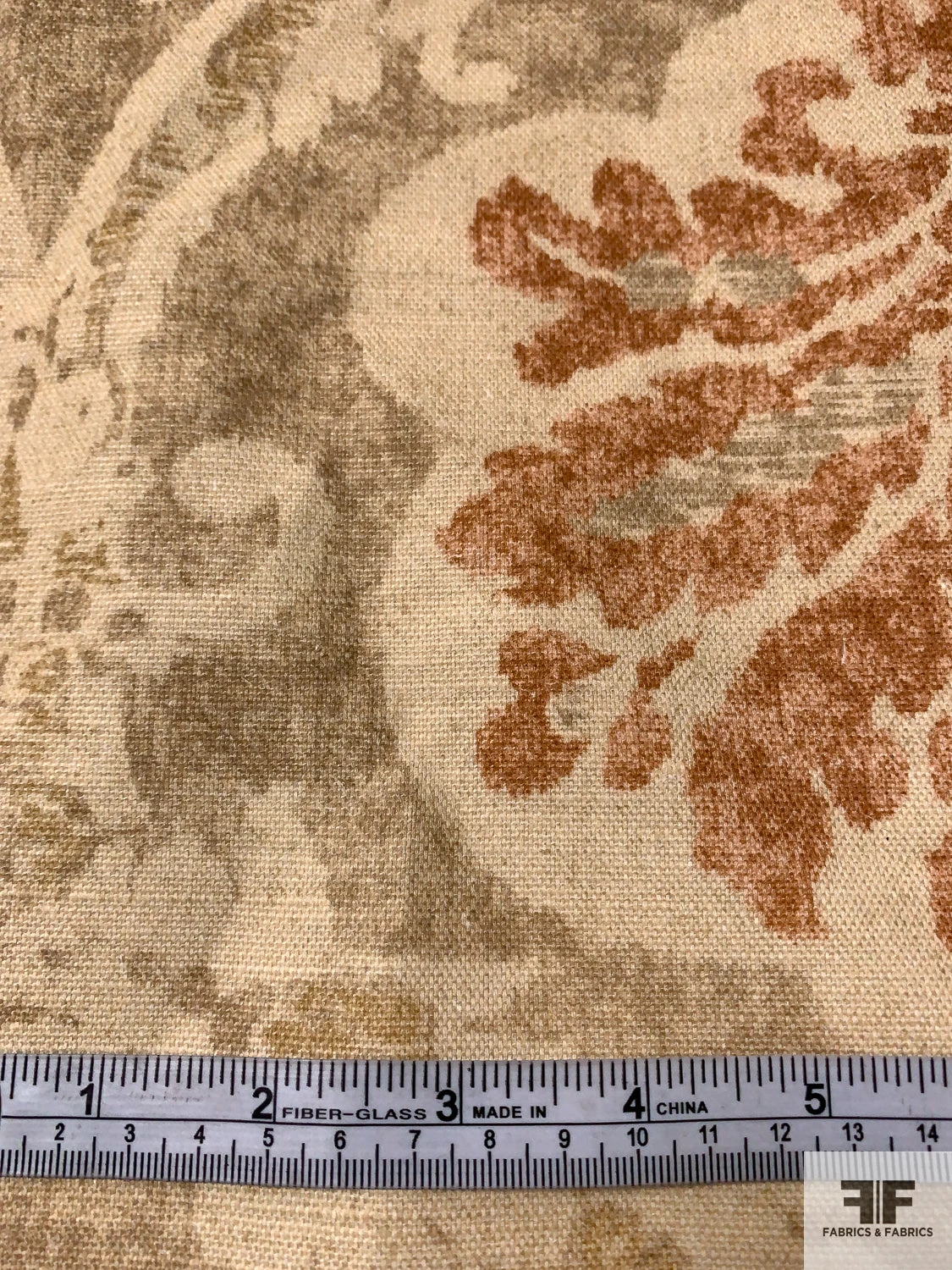 Antique-Look Damask Printed Linen-Weave Cotton - Earthy Tans / Rust / Coral 8 Antique-Look Damask Printed Linen-Weave Cotton - Earthy Tans / Rust / Coral - Image 6