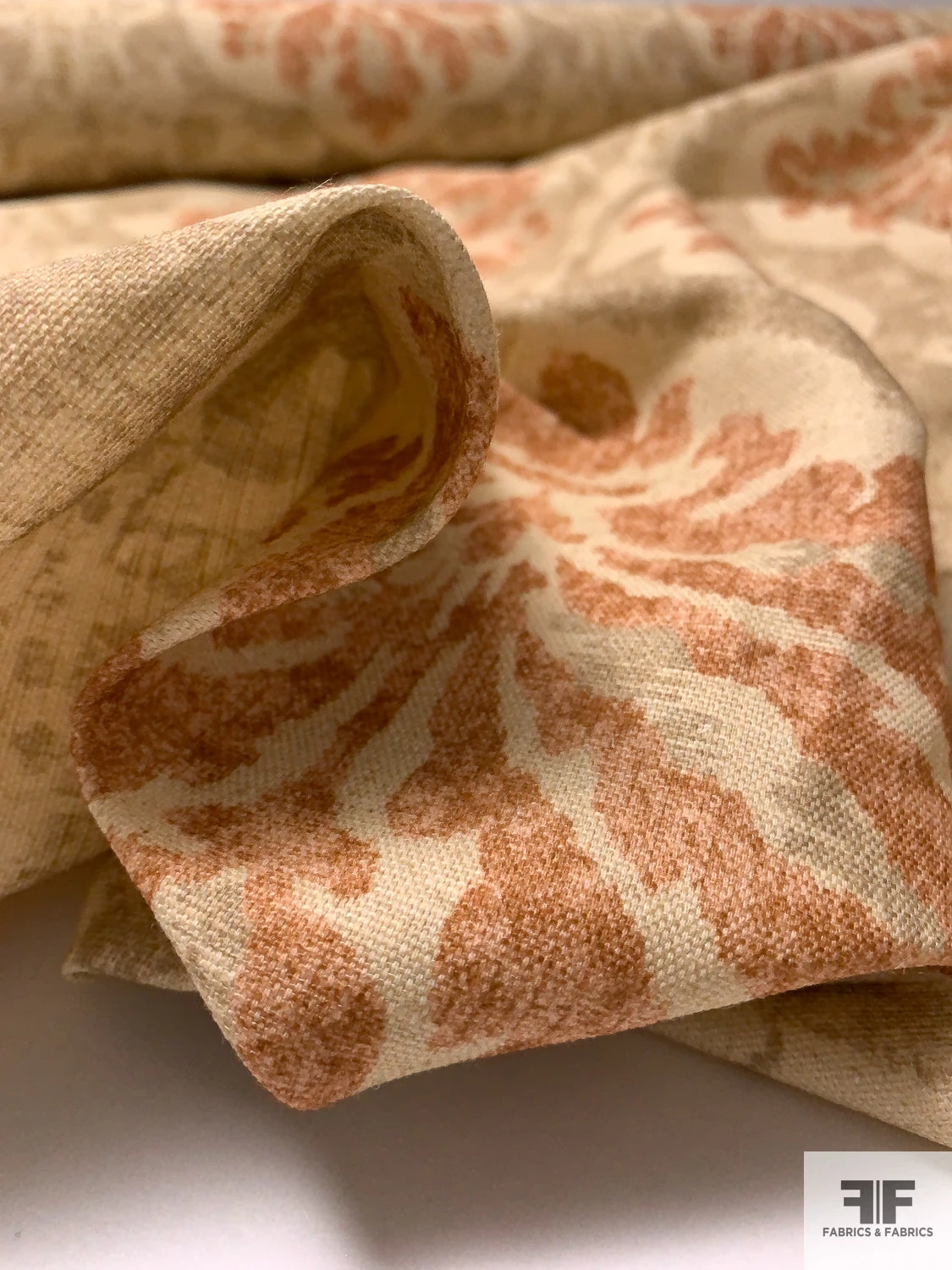 Antique-Look Damask Printed Linen-Weave Cotton - Earthy Tans / Rust / Coral 10 Antique-Look Damask Printed Linen-Weave Cotton - Earthy Tans / Rust / Coral - Image 8