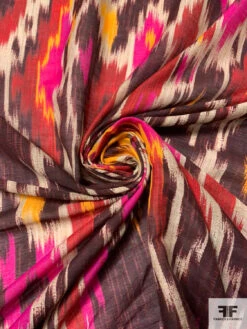 Italian Ikat Printed Silk And Cotton Sateen Voile - Magenta / Red / Plum / Orange