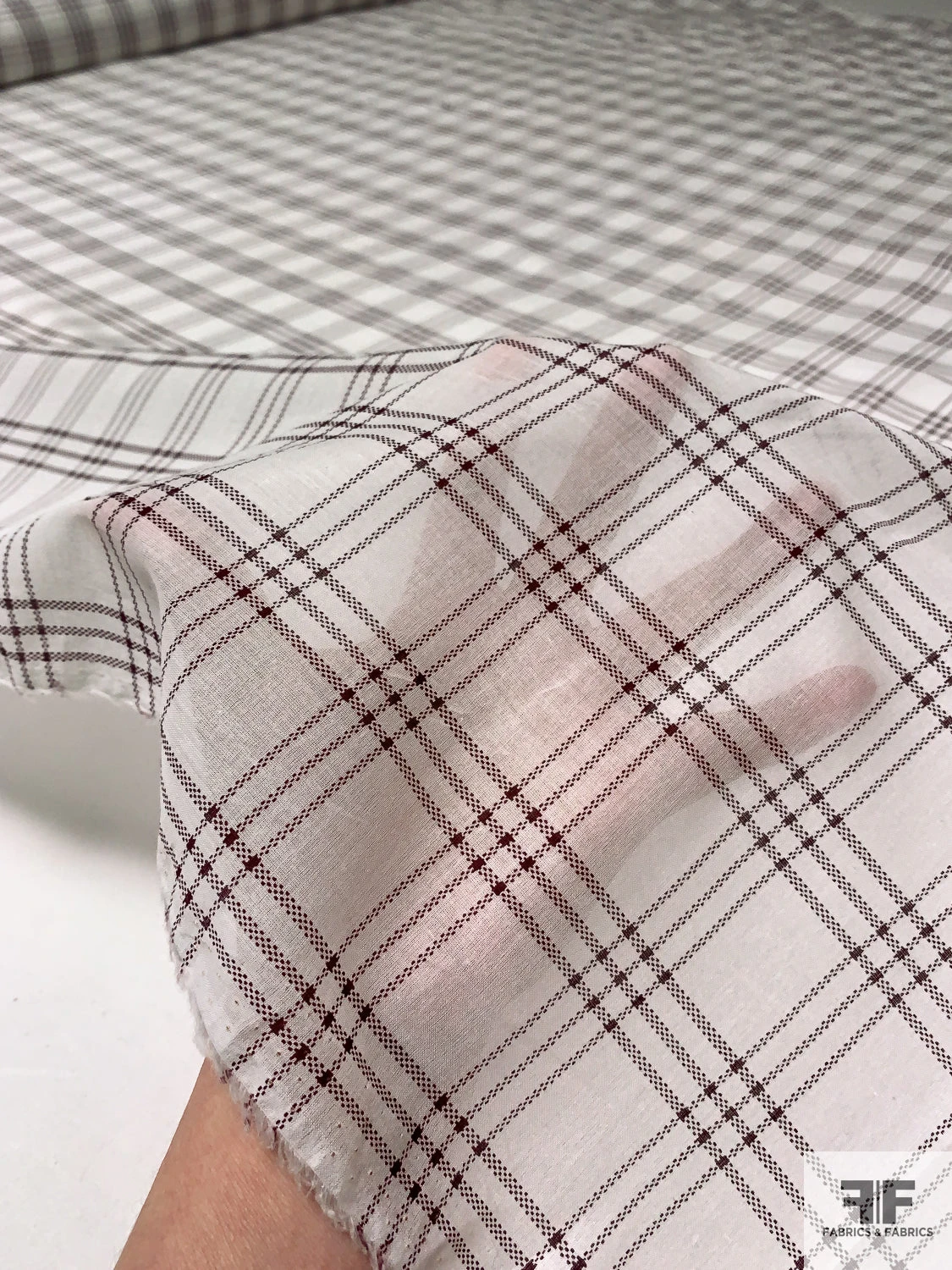 Windowpane Plaid Printed Cotton Voile - Ivory / Maroon 4 Windowpane Plaid Printed Cotton Voile - Ivory / Maroon - Image 2