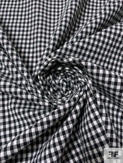 Gingham Check Seersucker Stretch Cotton Shirting - Black / Off-White
