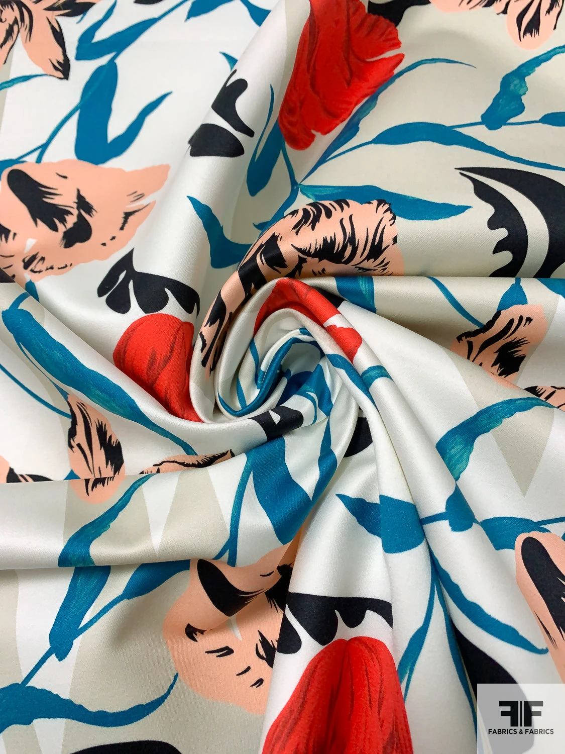 Italian Luscious Floral Printed Heavy Cotton Sateen - Teal / Peach / Red / Black / Off-White 5 Italian Luscious Floral Printed Heavy Cotton Sateen - Teal / Peach / Red / Black / Off-White - Image 3