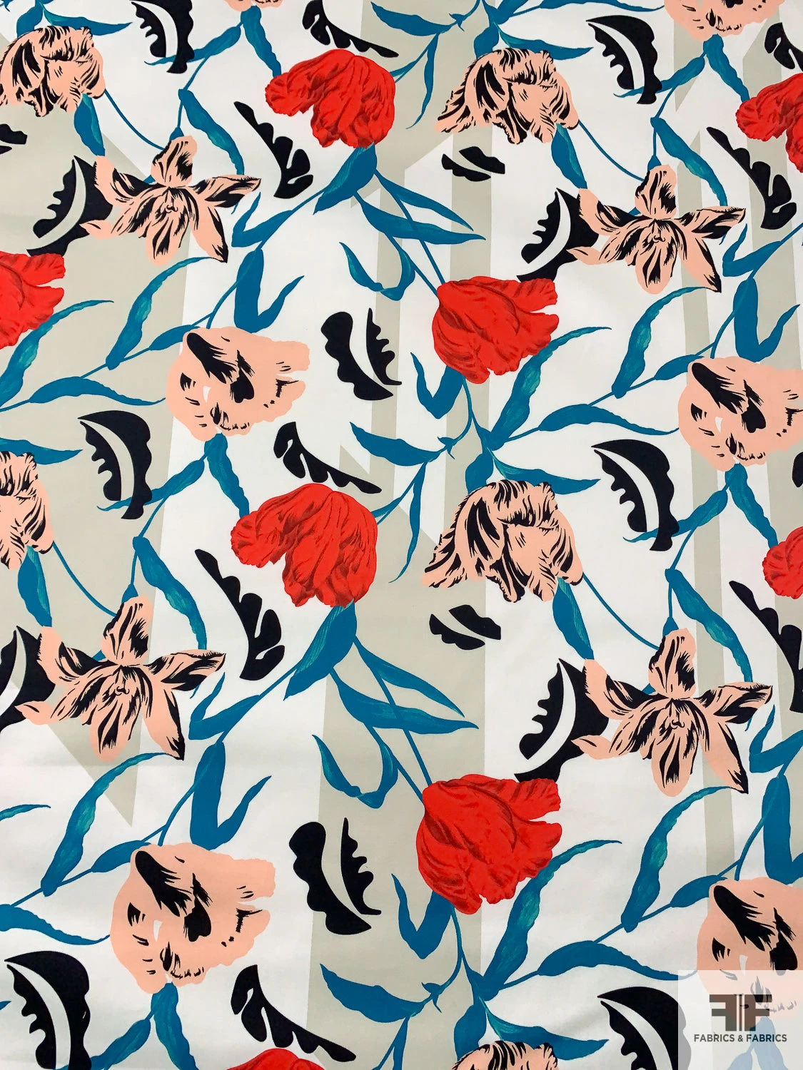Italian Luscious Floral Printed Heavy Cotton Sateen - Teal / Peach / Red / Black / Off-White 3 Italian Luscious Floral Printed Heavy Cotton Sateen - Teal / Peach / Red / Black / Off-White