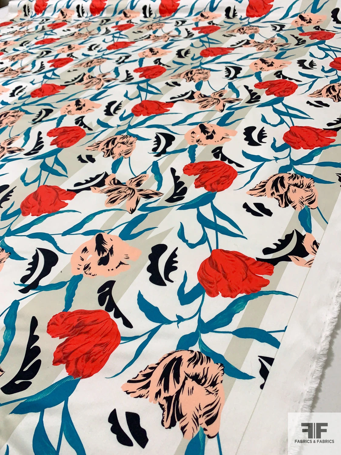 Italian Luscious Floral Printed Heavy Cotton Sateen - Teal / Peach / Red / Black / Off-White 4 Italian Luscious Floral Printed Heavy Cotton Sateen - Teal / Peach / Red / Black / Off-White - Image 2