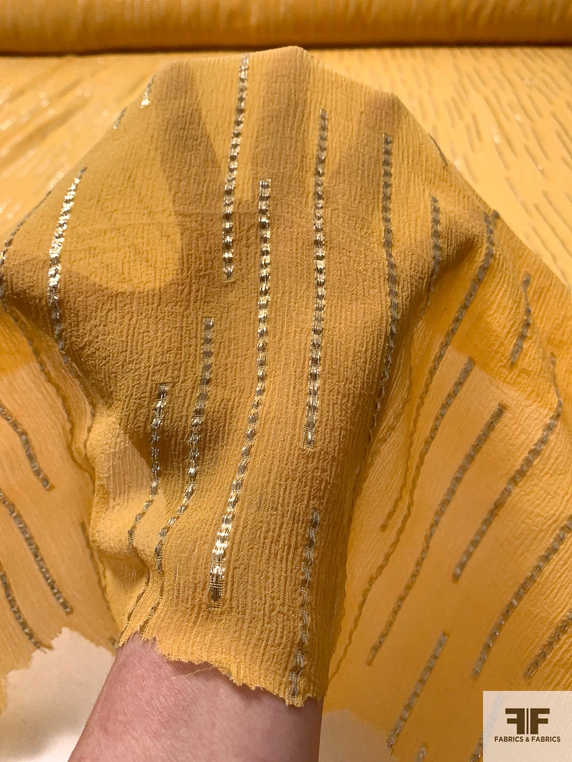 J Mendel Italian Metallic Linear Design Crinkled Silk Chiffon - Marigold / Gold 10 J Mendel Italian Metallic Linear Design Crinkled Silk Chiffon - Marigold / Gold - Image 8