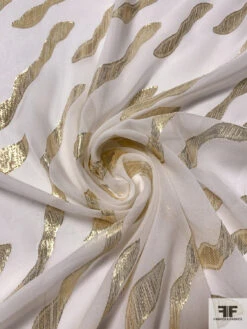 J Mendel Wavy Design Metallic Clip Silk Chiffon - Light Ivory / Gold