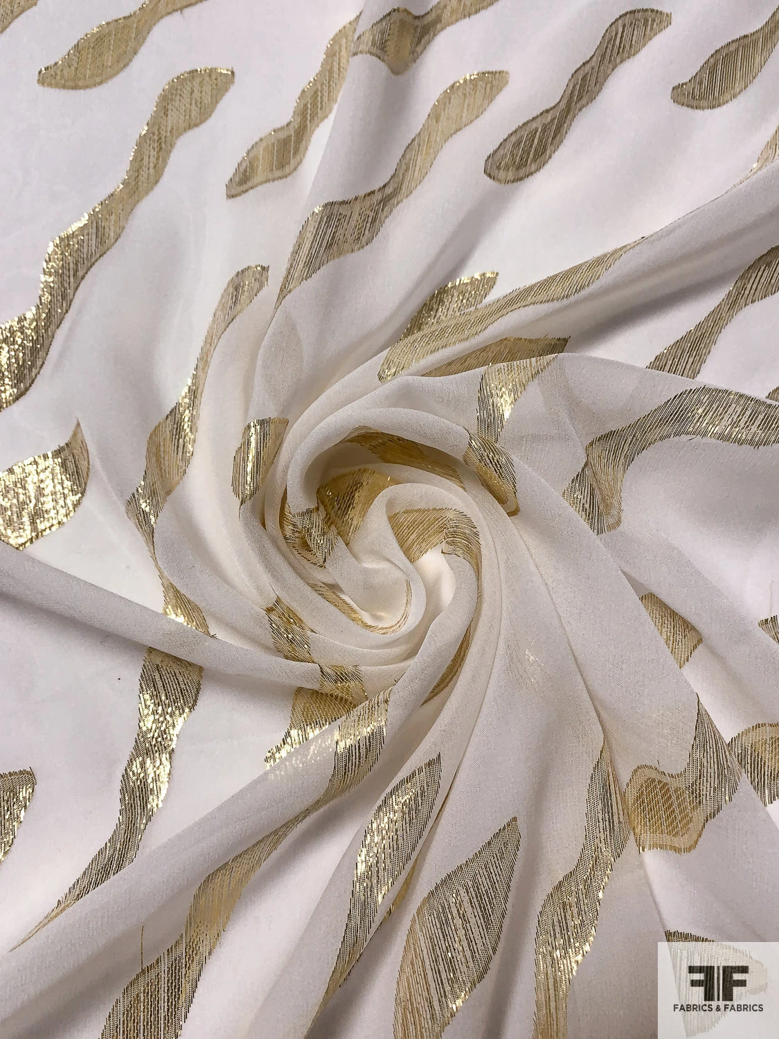 J Mendel Wavy Design Metallic Clip Silk Chiffon - Light Ivory / Gold 3 J Mendel Wavy Design Metallic Clip Silk Chiffon - Light Ivory / Gold