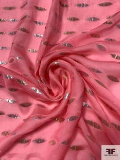 J Mendel Italian Pointed Ovals Metallic Silk Chiffon - Watermelon Pink / Gold / Silver 13 J Mendel Italian Pointed Ovals Metallic Silk Chiffon - Watermelon Pink / Gold / Silver -Fabrics And Fabrics Store 16606 1