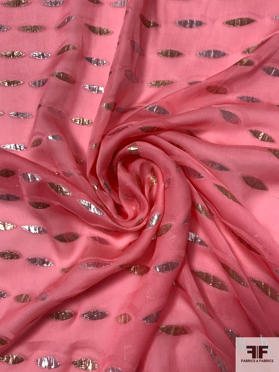 J Mendel Italian Pointed Ovals Metallic Silk Chiffon - Watermelon Pink / Gold / Silver 5 J Mendel Italian Pointed Ovals Metallic Silk Chiffon - Watermelon Pink / Gold / Silver - Image 3