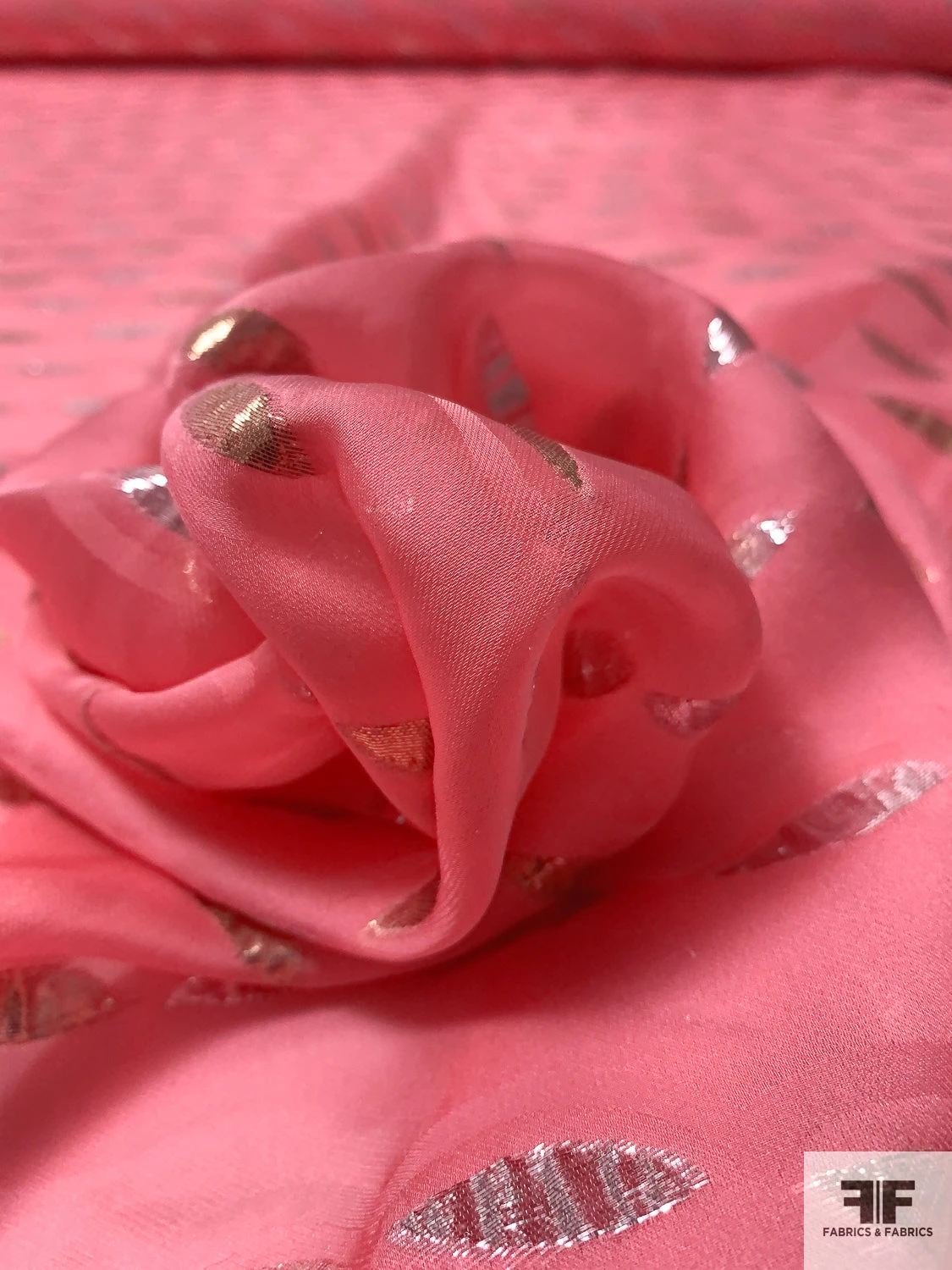 J Mendel Italian Pointed Ovals Metallic Silk Chiffon - Watermelon Pink / Gold / Silver 7 J Mendel Italian Pointed Ovals Metallic Silk Chiffon - Watermelon Pink / Gold / Silver - Image 5