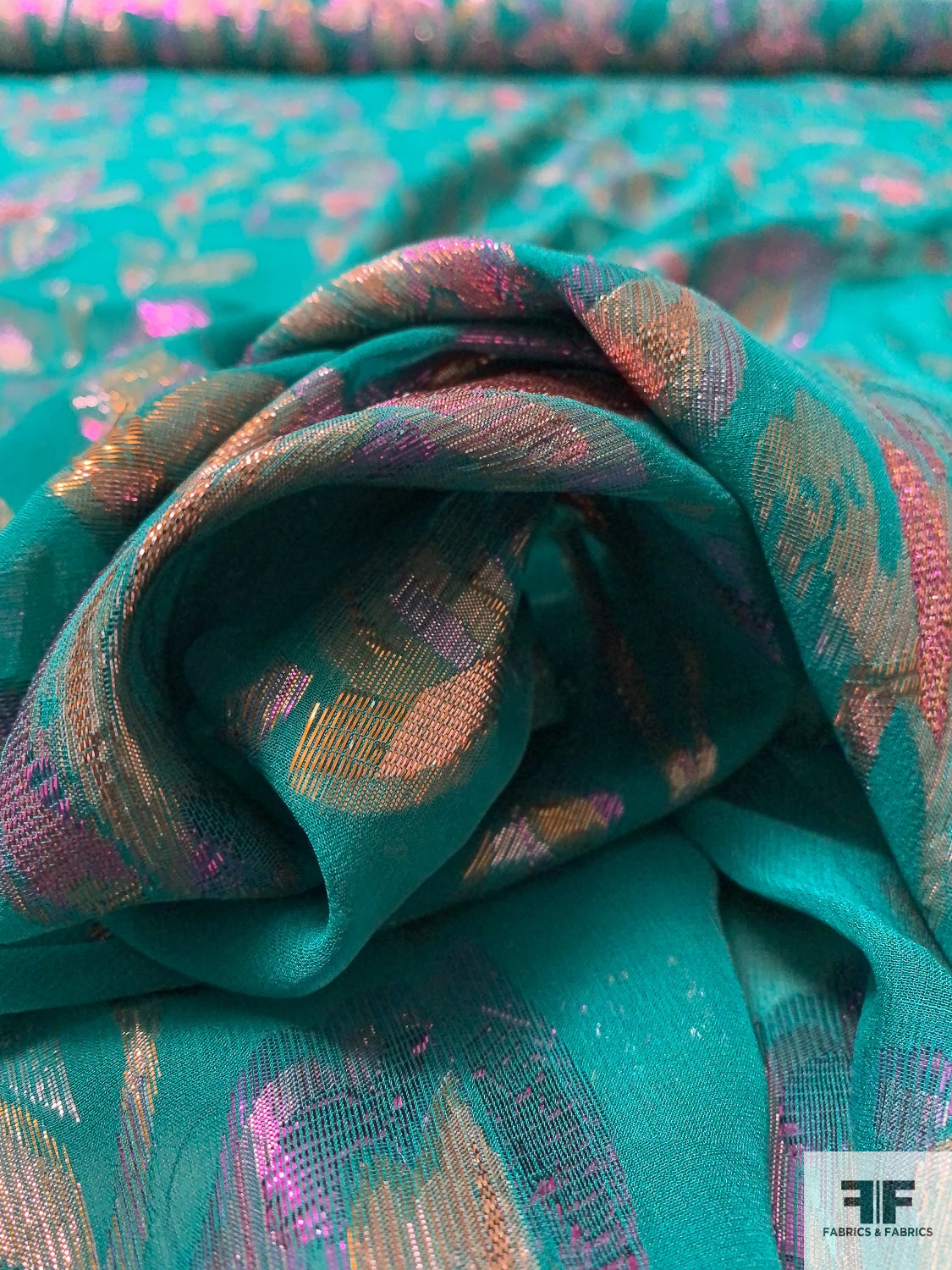 J Mendel Italian Multicolor Metallic Floral Silk Chiffon - Persian Green / Rose Gold / Pink 6 J Mendel Italian Multicolor Metallic Floral Silk Chiffon - Persian Green / Rose Gold / Pink - Image 4
